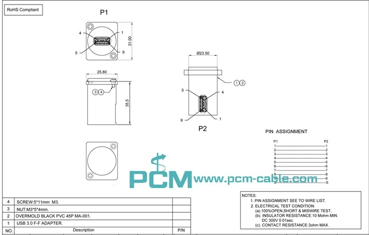 USB 3.0 Pass Through Solderless Bulkhead Coupler