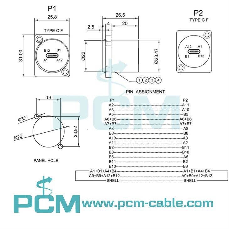 Drawing dimensions cutout size pin assignment pin map of usb c panel mount connector